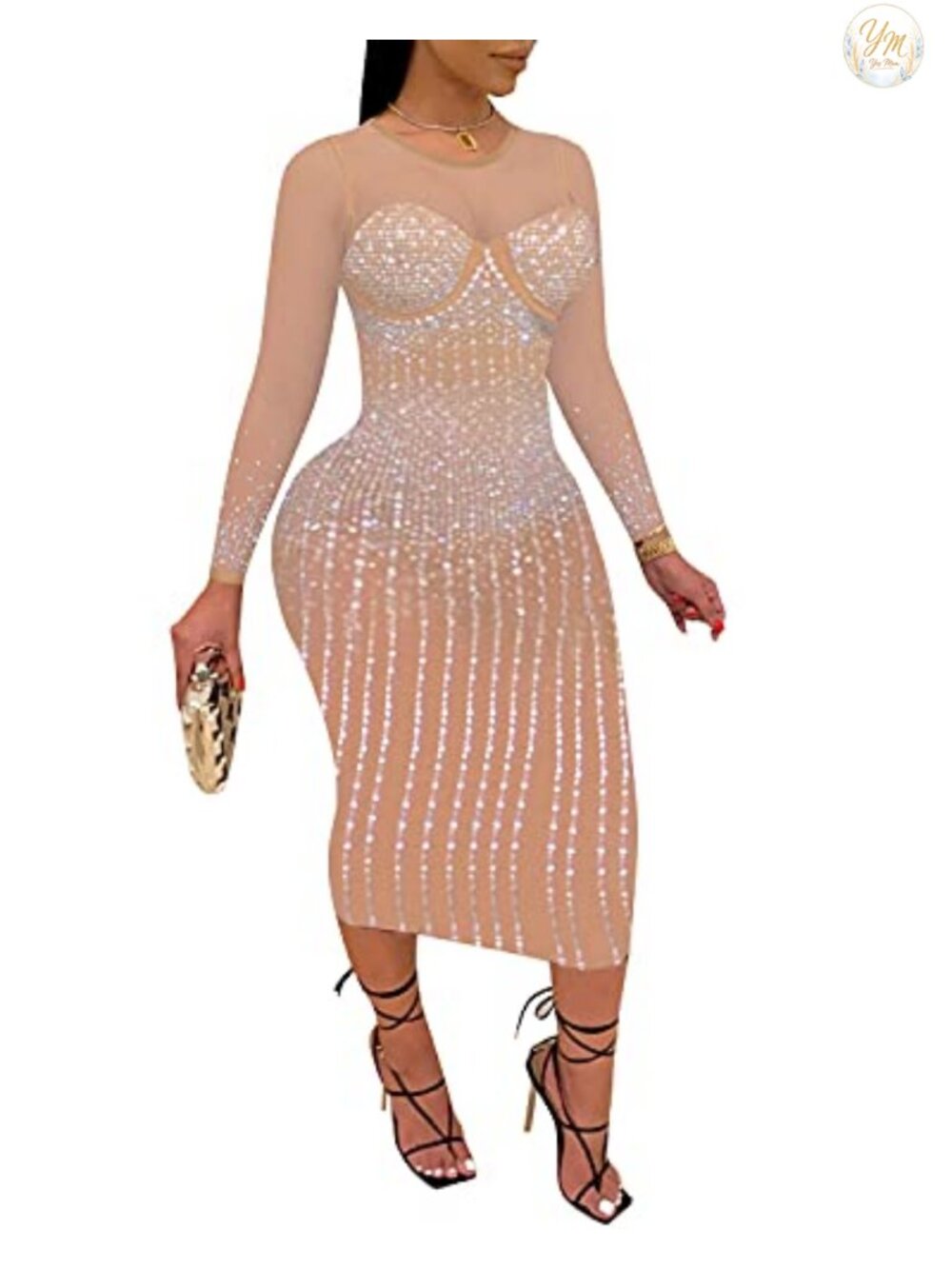 Sexy Rhinestone Bodycon Club Night Dress Long Sleeve Party Formal